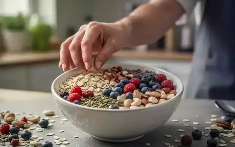 Eine Hand greift nach einer Schüssel mit Haferflocken, Beeren und Nüssen, die eine ballaststoffreiche Ernährung symbolisieren. - Foto: über boerse-global.de
