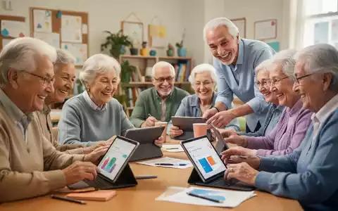 Ältere Menschen lernen in einem freundlichen Klassenzimmer digitale Kompetenzen auf Tablets und Laptops, angeleitet von einem Lehrer. - Foto: über boerse-global.de