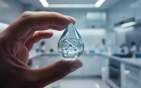 Eine Hand hält einen Wassertropfen, der mikroskopische Chemikalienstrukturen widerspiegelt, mit verschwommenem Hintergrund einer Küche. - Foto: über boerse-global.de