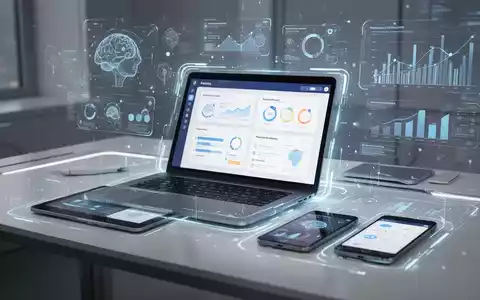 Futuristischer Schreibtisch mit Laptop, Tablet und Smartphone, die Produktivitäts-Apps und KI-Oberflächen zeigen, für integrierten Workflow. - Foto: über boerse-global.de
