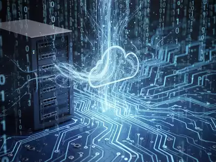 Digitale Illustration von Daten, die in einen Server fließen, mit Binärcode und Leiterplattenelementen, die Systemwiederherstellung darstellen. - Foto: über boerse-global.de