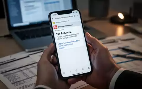 Eine Hand hält ein Smartphone, das eine Phishing-E-Mail zu Steuerrückerstattungen anzeigt, im Hintergrund ein unscharfer Schreibtisch. - Foto: über boerse-global.de