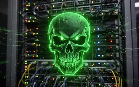 Stilisierte, bedrohliche digitale Totenkopf-Ikone in giftigem Grün, über verschwommenen Server-Racks. - Foto: über boerse-global.de