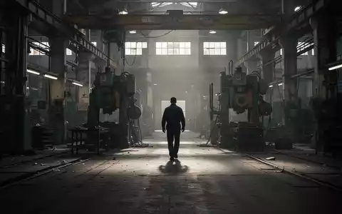 Eine leere Fabrikhalle mit einer einzelnen, weglaufenden Silhouette eines Arbeiters, umgeben von Maschinen. - Foto: über boerse-global.de