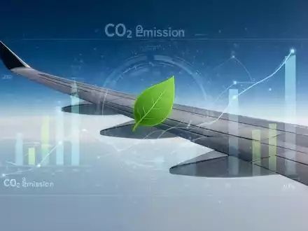 Flugzeugflügel vor blauem Himmel mit dezenten digitalen Symbolen für Emissionen oder Nachhaltigkeit. - Foto: über boerse-global.de