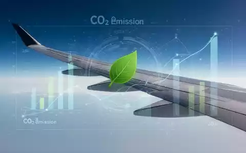 Flugzeugflügel vor blauem Himmel mit dezenten digitalen Symbolen für Emissionen oder Nachhaltigkeit. - Foto: über boerse-global.de