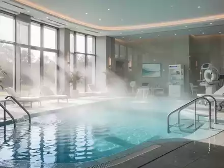 Innenansicht eines modernen Thermalbades mit großen Becken, dampfendem Wasser und viel Tageslicht. Fokus auf Wellness und medizinische Rehabilitation. - Foto: über boerse-global.de