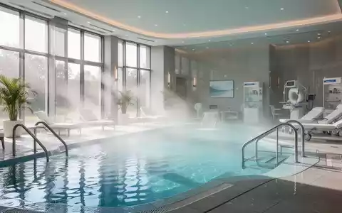 Innenansicht eines modernen Thermalbades mit großen Becken, dampfendem Wasser und viel Tageslicht. Fokus auf Wellness und medizinische Rehabilitation. - Foto: über boerse-global.de