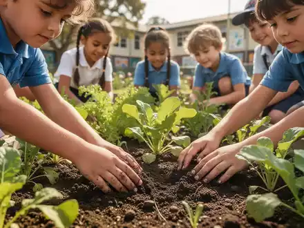 Kinder pflanzen Gemüse in einem Schulgarten. Nahaufnahme von Händen, die Setzlinge in die Erde setzen, umgeben von grünen Pflanzen. - Foto: über boerse-global.de