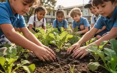 Kinder pflanzen Gemüse in einem Schulgarten. Nahaufnahme von Händen, die Setzlinge in die Erde setzen, umgeben von grünen Pflanzen. - Foto: über boerse-global.de