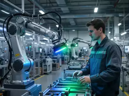 Ein kollaborativer Roboterarm arbeitet sicher neben einem Menschen in einer modernen Fabrikhalle, mit Fokus auf Sicherheit und Technologie. - Foto: über boerse-global.de