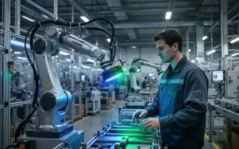 Ein kollaborativer Roboterarm arbeitet sicher neben einem Menschen in einer modernen Fabrikhalle, mit Fokus auf Sicherheit und Technologie. - Foto: über boerse-global.de