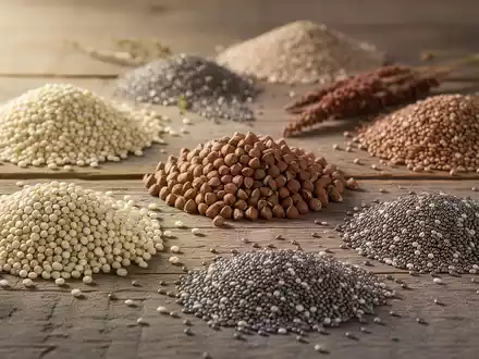 Nahaufnahme verschiedener Pseudogetreide wie Quinoa, Buchweizen, Amaranth und Chiasamen auf einer rustikalen Holzoberfläche. - Foto: über boerse-global.de