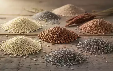 Nahaufnahme verschiedener Pseudogetreide wie Quinoa, Buchweizen, Amaranth und Chiasamen auf einer rustikalen Holzoberfläche. - Foto: über boerse-global.de
