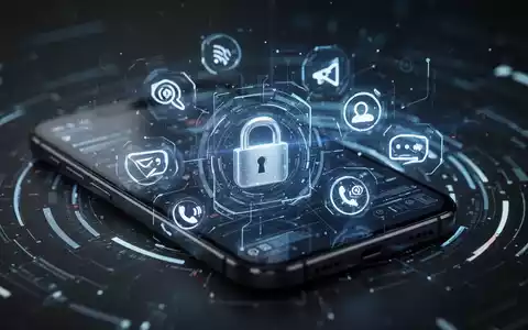 Nahaufnahme eines Smartphone-Bildschirms mit abstrakten Sicherheits- und Kommunikationssymbolen, darunter ein leuchtendes Vorhängeschloss. - Foto: über boerse-global.de