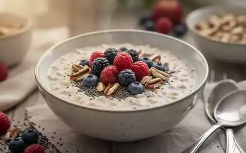 Nahaufnahme einer Schüssel Overnight Oats mit Beeren, Nüssen und Chiasamen, Fokus auf gesunde Ernährung und Ballaststoffe. - Foto: über boerse-global.de