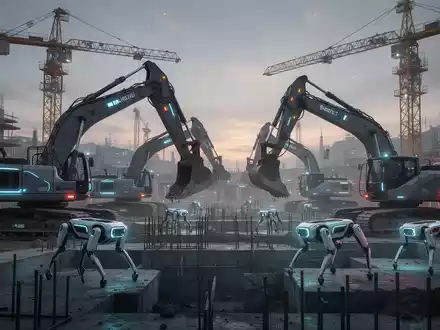 Autonome Baumaschinen und vierbeinige Roboter auf einer großen, futuristischen Baustelle in der Dämmerung, beleuchtet von leuchtenden Sensoren. - Foto: über boerse-global.de