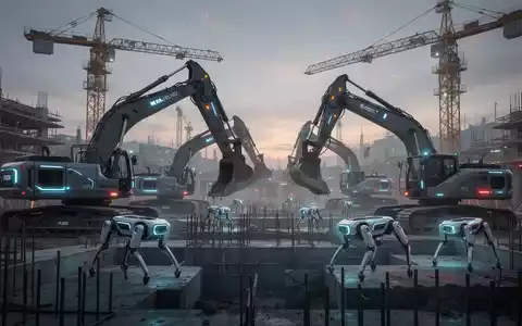 Autonome Baumaschinen und vierbeinige Roboter auf einer groĂen, futuristischen Baustelle in der DĂ€mmerung, beleuchtet von leuchtenden Sensoren. - Foto: ĂŒber boerse-global.de