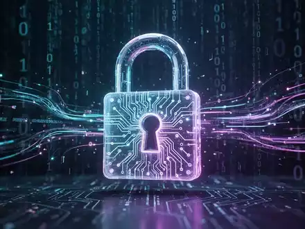 Digitales Schloss mit leuchtenden Schaltkreisen, umgeben von Datenströmen und Binärcode, symbolisiert Cybersicherheit und Datenschutz. - Foto: über boerse-global.de