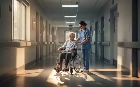 Ein alter Patient im Rollstuhl wird von einer Krankenschwester in einem Krankenhausflur betreut, beide wirken erschöpft. - Foto: über boerse-global.de