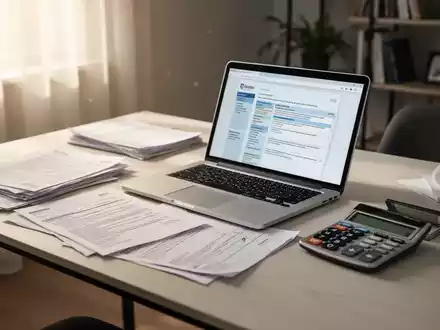 Ein moderner Homeoffice-Arbeitsplatz mit Laptop, Dokumenten und Taschenrechner, symbolisiert die digitale Steuererklärung und Homeoffice-Kosten. - Foto: über boerse-global.de