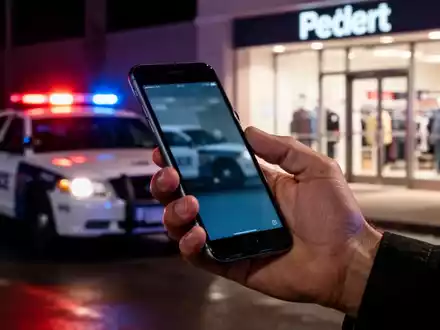 Nahaufnahme einer Hand, die ein Smartphone hält, mit unscharfem Hintergrund, der Blaulichter eines Polizeiautos und einen Ladeneingang bei Nacht zeigt. - Foto: über boerse-global.de