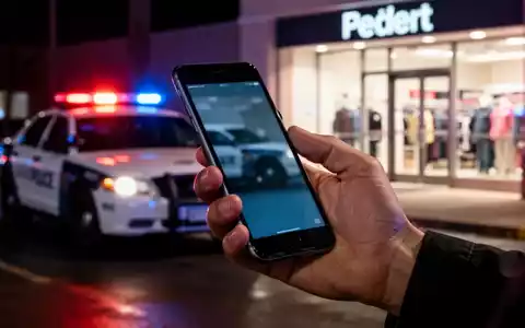Nahaufnahme einer Hand, die ein Smartphone hält, mit unscharfem Hintergrund, der Blaulichter eines Polizeiautos und einen Ladeneingang bei Nacht zeigt. - Foto: über boerse-global.de