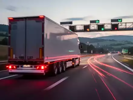 Ein moderner Lastwagen fährt bei Dämmerung auf einer deutschen Autobahn unter einer Mautbrücke hindurch, die Rücklichter ziehen rote Streifen. - Foto: über boerse-global.de
