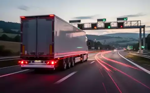 Ein moderner Lastwagen fährt bei Dämmerung auf einer deutschen Autobahn unter einer Mautbrücke hindurch, die Rücklichter ziehen rote Streifen. - Foto: über boerse-global.de