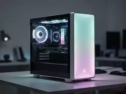 Ein modernes PC-Gehäuse mit sanfter LED-Beleuchtung auf einem minimalistischen Schreibtisch, das Produktivität und Wohlbefinden symbolisiert. - Foto: über boerse-global.de