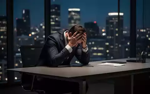 Eine Person in einem Geschäftsanzug, erschöpft am Schreibtisch in einem luxuriösen Büro, mit den Händen den Kopf haltend. - Foto: über boerse-global.de