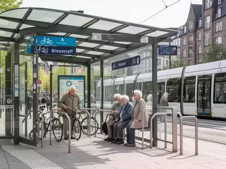 Lächelnde ältere Frau beim Einsteigen in eine moderne, barrierefreie Straßenbahn in Düsseldorf mit sichtbarem „Bike-Cap“-Design. - Foto: über boerse-global.de