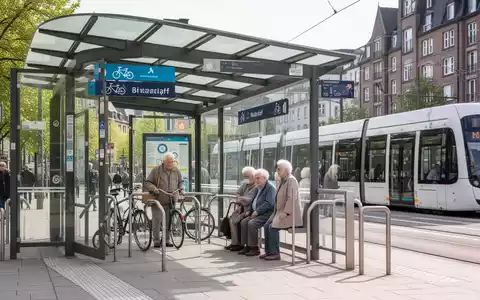 Lächelnde ältere Frau beim Einsteigen in eine moderne, barrierefreie Straßenbahn in Düsseldorf mit sichtbarem „Bike-Cap“-Design. - Foto: über boerse-global.de