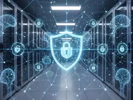 Leuchtend blaues Netzwerkgitter mit digitalen Sicherheitssymbolen und KI-Mustern über einem Serverraum, symbolisiert Cybersicherheit. - Foto: über boerse-global.de