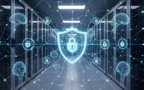 Leuchtend blaues Netzwerkgitter mit digitalen Sicherheitssymbolen und KI-Mustern über einem Serverraum, symbolisiert Cybersicherheit. - Foto: über boerse-global.de