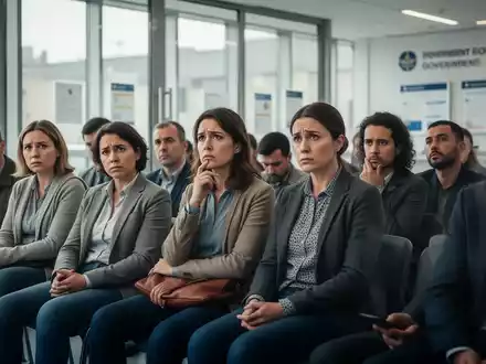 Eine Gruppe von Menschen sitzt in einem Wartebereich eines Jobcenters, einige schauen nachdenklich oder besorgt. - Foto: über boerse-global.de