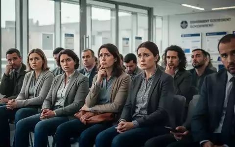 Eine Gruppe von Menschen sitzt in einem Wartebereich eines Jobcenters, einige schauen nachdenklich oder besorgt. - Foto: über boerse-global.de