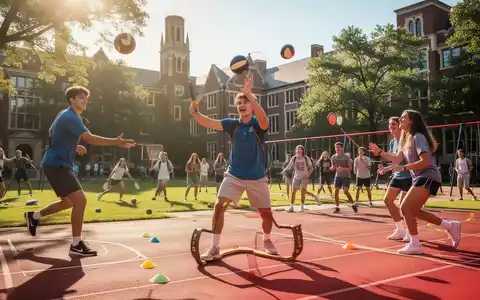 Studenten treiben Sport auf einem Universitätscampus. Sie spielen Volleyball, laufen und machen Yoga unter blauem Himmel. - Foto: über boerse-global.de