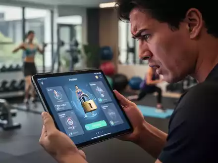 Eine frustrierte Person blickt auf einen gesperrten Tablet-Bildschirm mit einer Fitness-App. Im Hintergrund ist ein verschwommener Trainingsbereich zu sehen. - Foto: über boerse-global.de