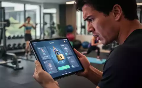 Eine frustrierte Person blickt auf einen gesperrten Tablet-Bildschirm mit einer Fitness-App. Im Hintergrund ist ein verschwommener Trainingsbereich zu sehen. - Foto: über boerse-global.de