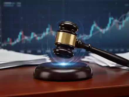 Ein digitaler Holzhammer trifft einen Klangblock auf einem Richtertisch, mit unscharfen juristischen Dokumenten und einem Finanzchart im Hintergrund. - Foto: über boerse-global.de