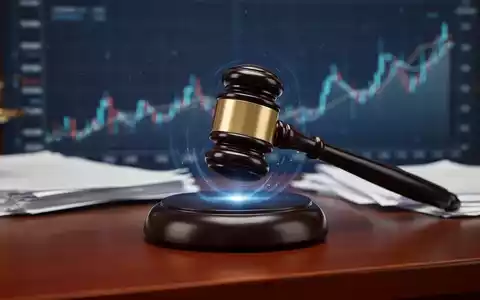 Ein digitaler Holzhammer trifft einen Klangblock auf einem Richtertisch, mit unscharfen juristischen Dokumenten und einem Finanzchart im Hintergrund. - Foto: über boerse-global.de