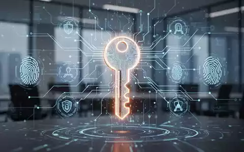 Ein stilisiertes, leuchtendes digitales Schlüsselsymbol, das aus einem sicheren Netzwerk von Datenlinien und biometrischen Symbolen hervorgeht. - Foto: über boerse-global.de