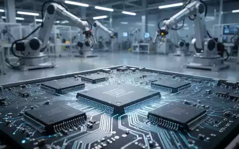 Nahaufnahme von fortschrittlichen Halbleiterchips auf einer Leiterplatte, mit moderner Fabrikhalle im Hintergrund. - Foto: ĂŒber boerse-global.de