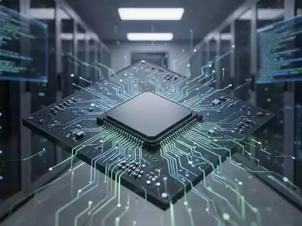 Nahaufnahme eines leuchtenden, komplexen Mikrochips mit fortschrittlicher Schaltung vor unscharfem Hintergrund eines modernen Serverraums. - Foto: über boerse-global.de