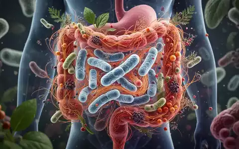 Eine Nahaufnahme des Darmmikrobioms mit verschiedenen Pflanzenfasern und Mikroorganismen, die wissenschaftliche Vielfalt und Gesundheit symbolisieren. - Foto: über boerse-global.de