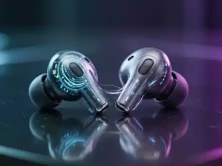 Schlanke, moderne kabellose Ohrhörer, ähnlich wie AirPods Pro, auf reflektierender Oberfläche mit dezentem blauen und violetten Licht. - Foto: über boerse-global.de