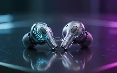 Schlanke, moderne kabellose Ohrhörer, ähnlich wie AirPods Pro, auf reflektierender Oberfläche mit dezentem blauen und violetten Licht. - Foto: über boerse-global.de