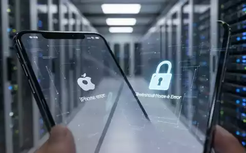 Nahaufnahme eines iPhone-Bildschirms mit einer Fehlermeldung, im Hintergrund unscharf ein Serverraum. - Foto: über boerse-global.de