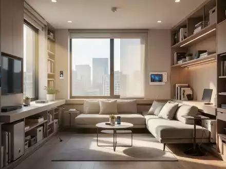 Ein modernes, kompaktes Wohnzimmer mit Smart-Home-Technologie und platzsparenden Möbeln, beleuchtet von Sonnenlicht. - Foto: über boerse-global.de